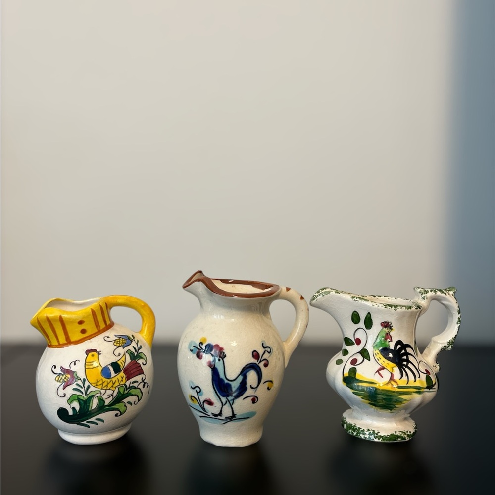 Lot of 3 Vintage Miniature Pitchers/ Creamers ,Rooster & Yellow Bird Hand Paint